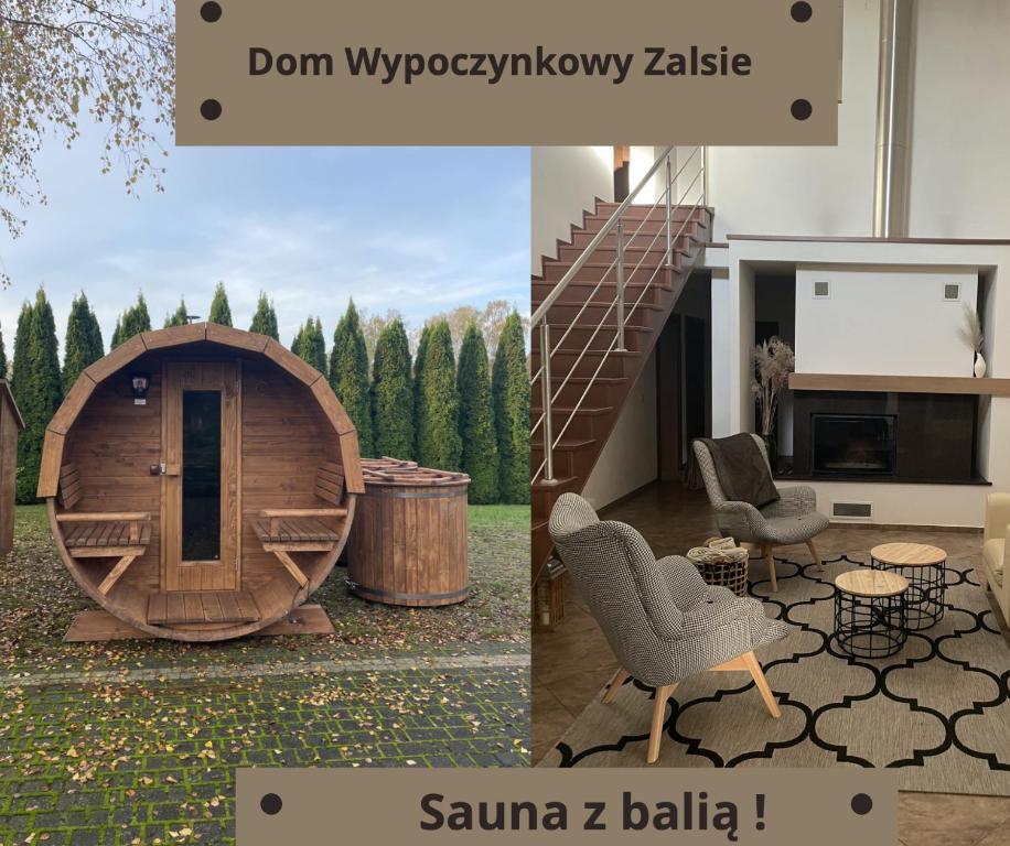 Przanowice的住宿－Dom Wypoczynkowy Zalesie，一张桑拿大楼的照片和一幅房子的照片