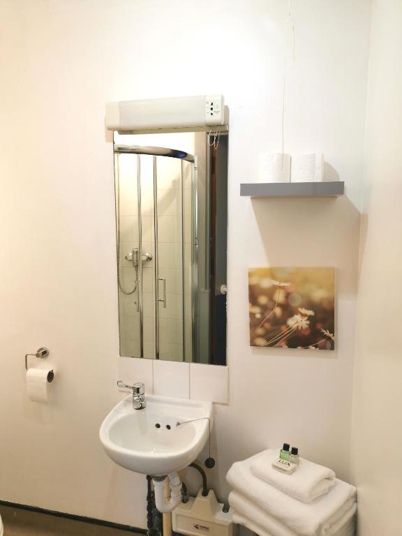 a bathroom with a sink and a mirror and a toilet at Lunan House in Arbroath