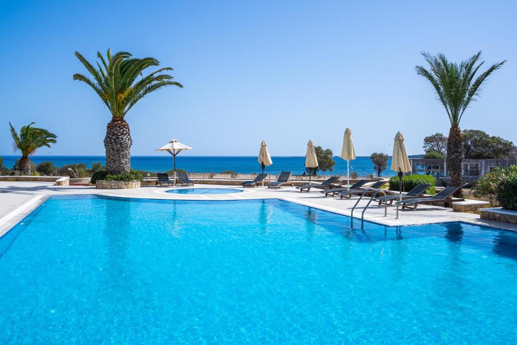 a swimming pool with palm trees and chairs and the ocean at Irini Hotel in Afiartis