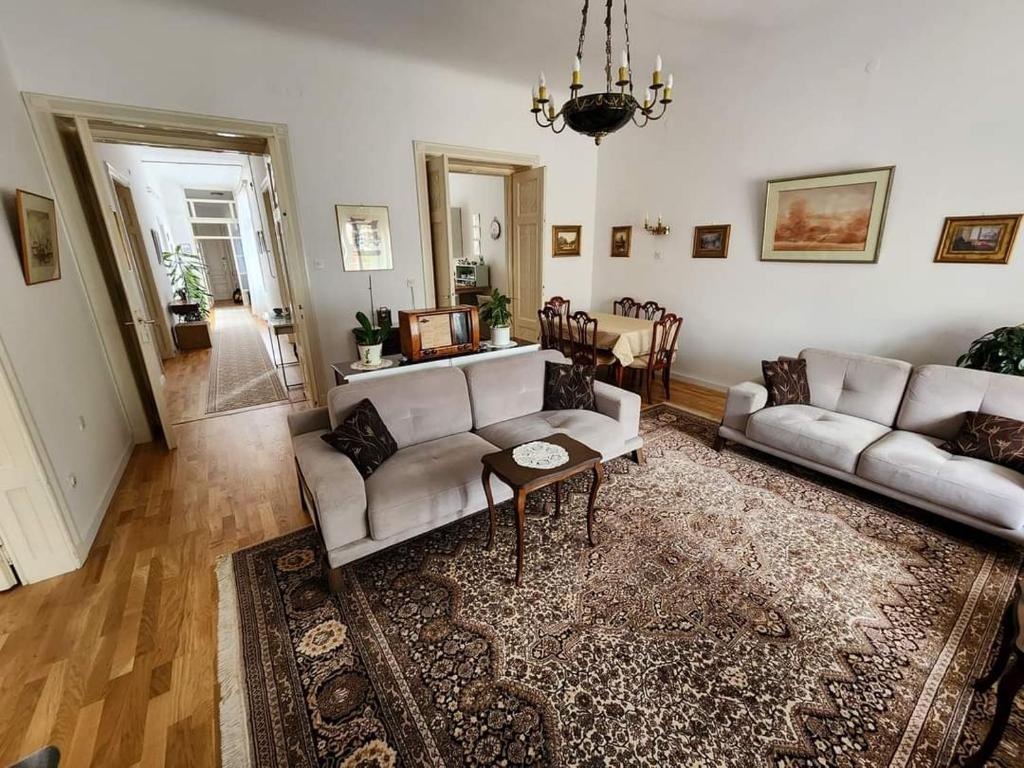 Sala de estar con 2 sofás y mesa en The Best Location salon apartment with main street view en Sarajevo