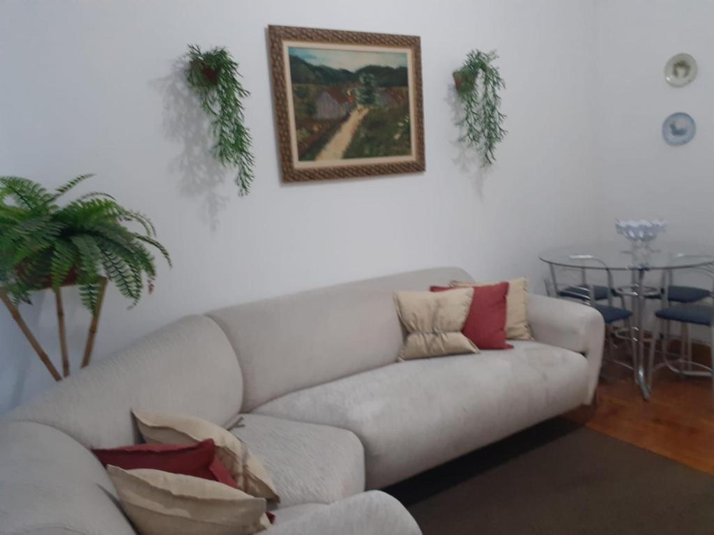 a living room with a couch and a painting on the wall at Apartamento 2 dormitórios, wifi, ponta da praia, predio em frente ao mar - Santos in Santos