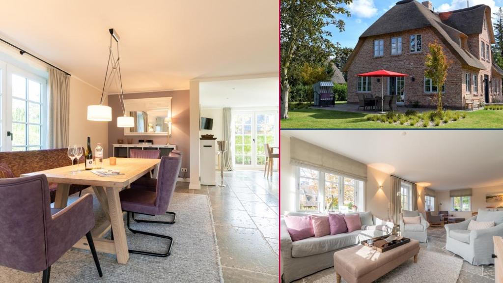 two pictures of a dining room and a living room at Reethus Westerheide in Nieblum