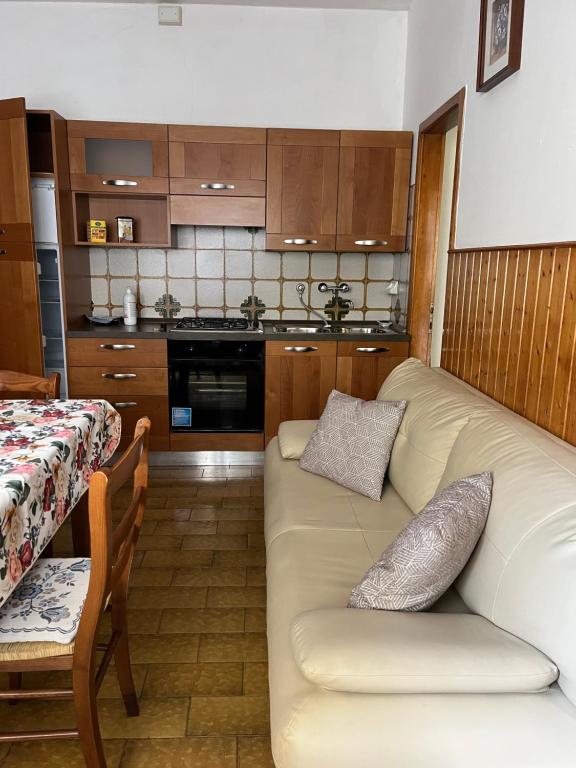 sala de estar con sofá y cocina en Ciasa Giulia, en Auronzo di Cadore