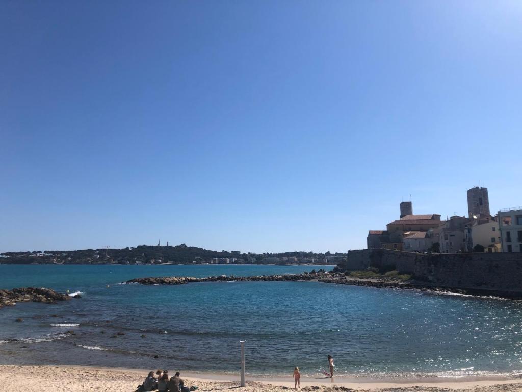 un groupe de personnes sur une plage près de l'eau dans l'établissement Vieil Antibes, ravissant 2p avec petite terrasse, à Antibes