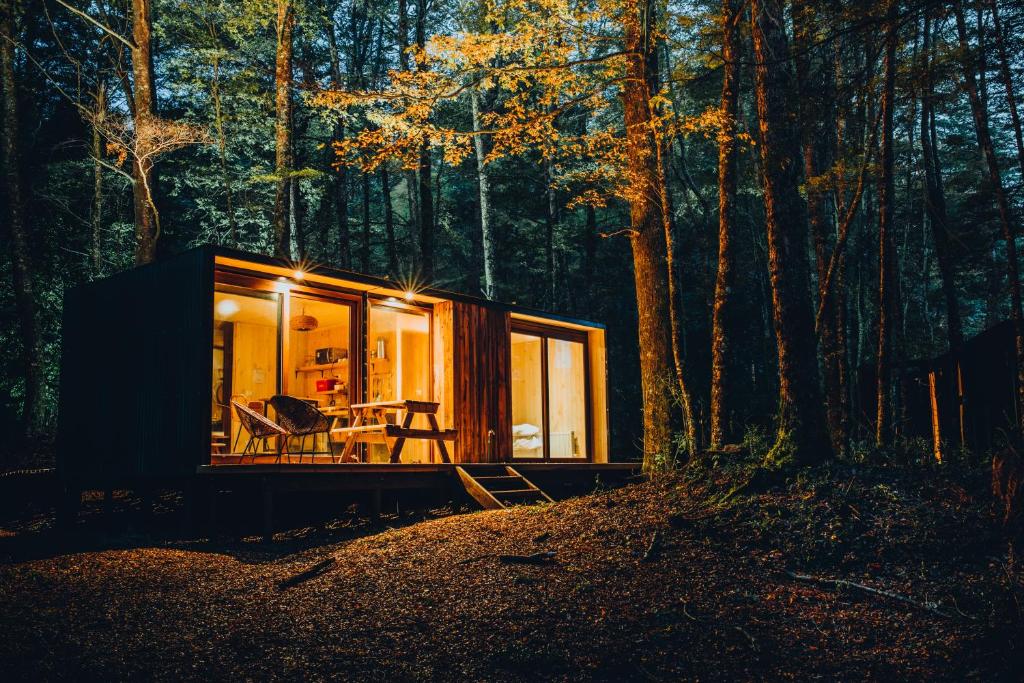 ein winziges Haus im Wald mit einem Tisch und Stühlen in der Unterkunft Refugios Outscape Fuy, Huilo Huilo in Puerto Fuy