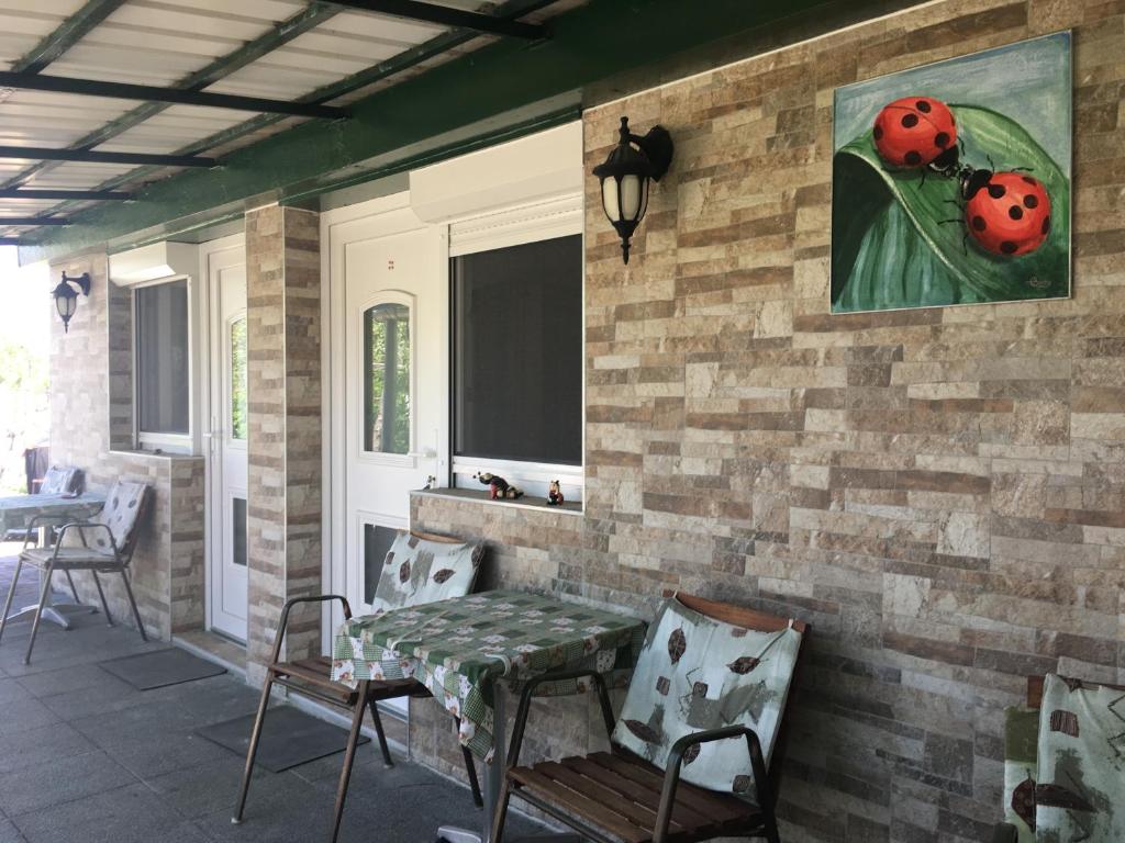 a patio with a table and chairs and a painting of ladybugs at Katica Apartmanok in Egerszalók