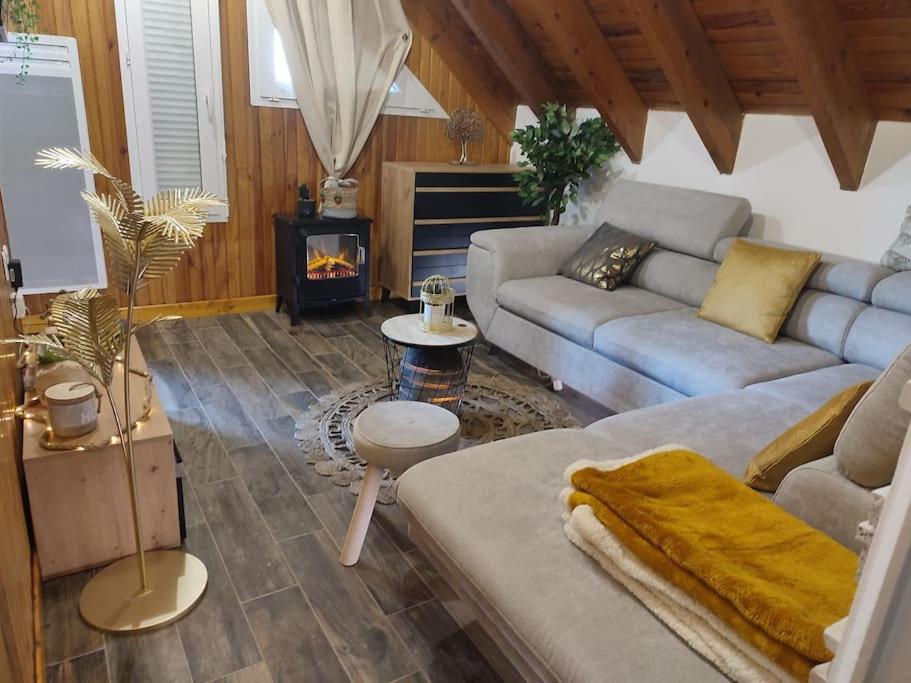 sala de estar con sofá y chimenea en Superbe Loft cocooning en Ustou