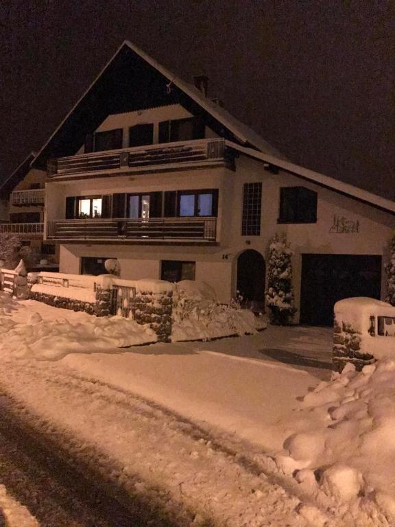 a house is covered in snow at night at Apartman Bosco in Ravna Gora