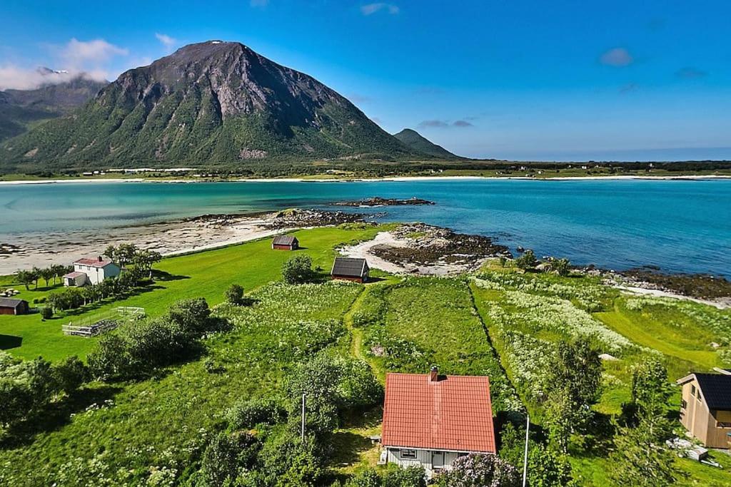 een eiland met een huis en een berg op de achtergrond bij Koselig hus med strandlinje in Strønstad