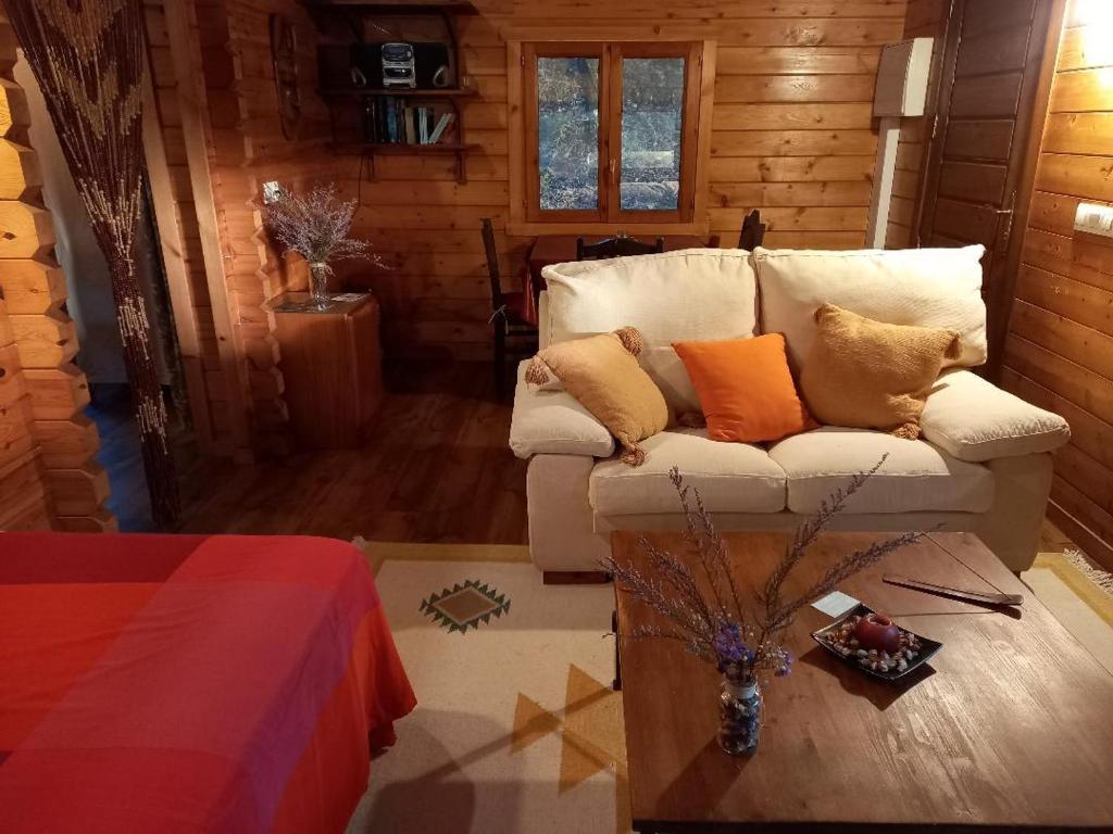 a living room with a white couch in a cabin at Veiga Mariña in A Xesteira