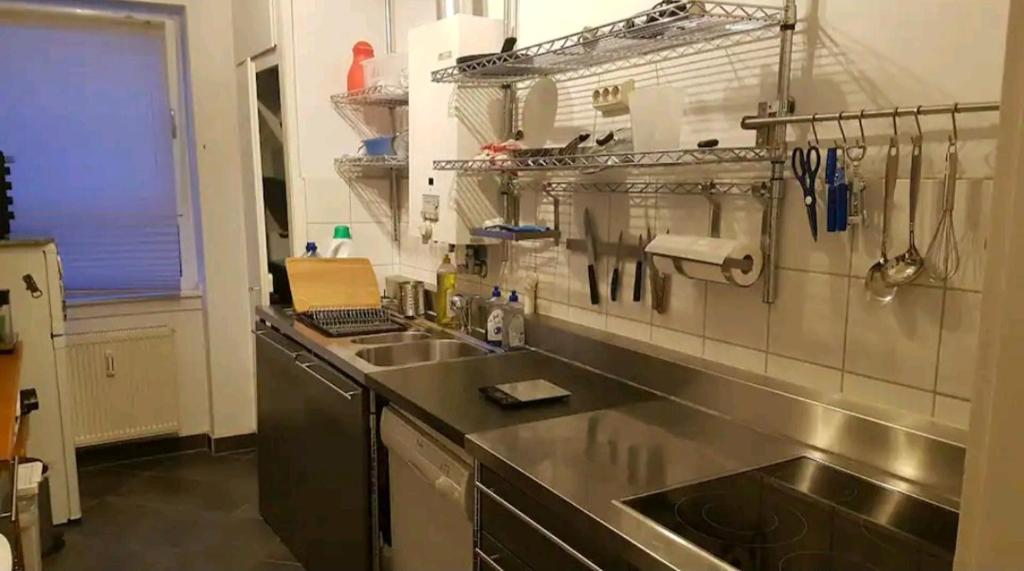 uma cozinha com um balcão de aço inoxidável e um lavatório em Apartment im Zentrum em Frankfurt am Main