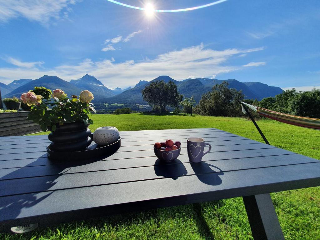 a picnic table with bowls of fruit and flowers on it at Romsdalseggen Lodge in Isfjorden