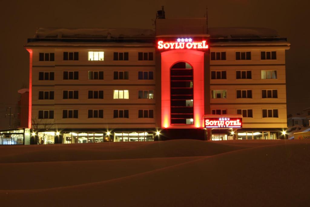 ボルにあるSoylu Hotelの赤いネオンの看板が目の前にあるホテル