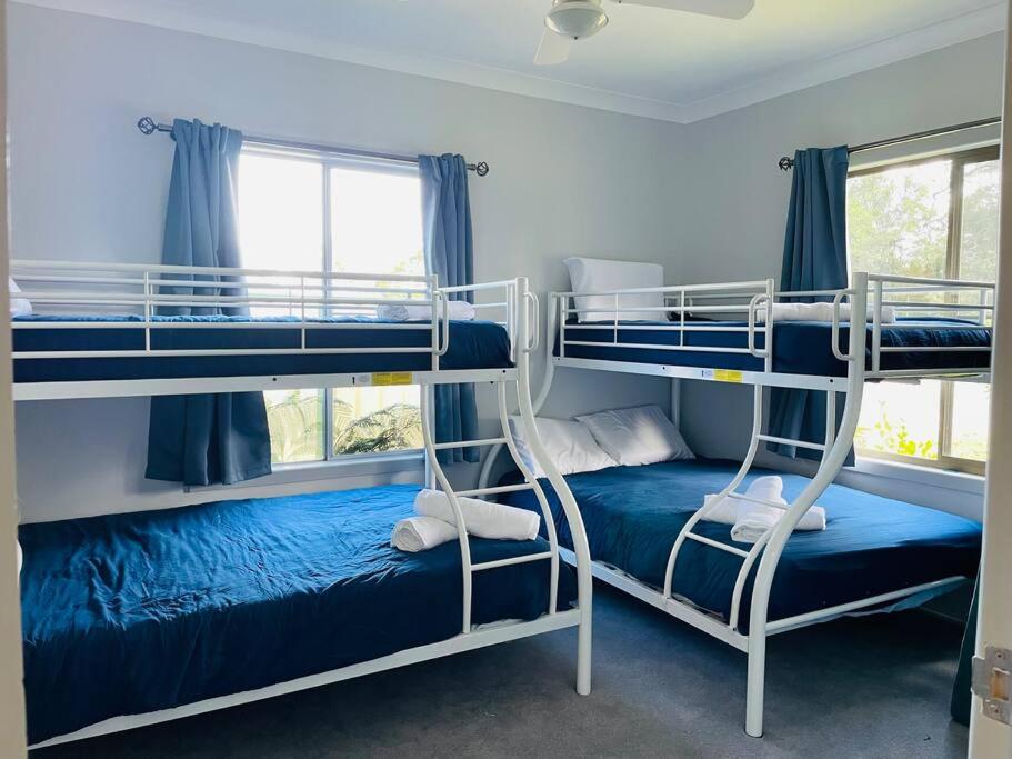 1 dormitorio con 2 literas con sábanas azules en 4 mins to Hyams Beach - The Wildlife Shack, en Erowal Bay