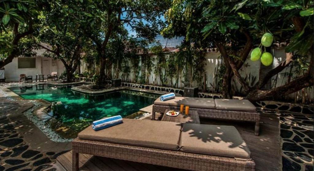 a swimming pool with two lounges and a pool at Scallywags Mango in Gili Islands