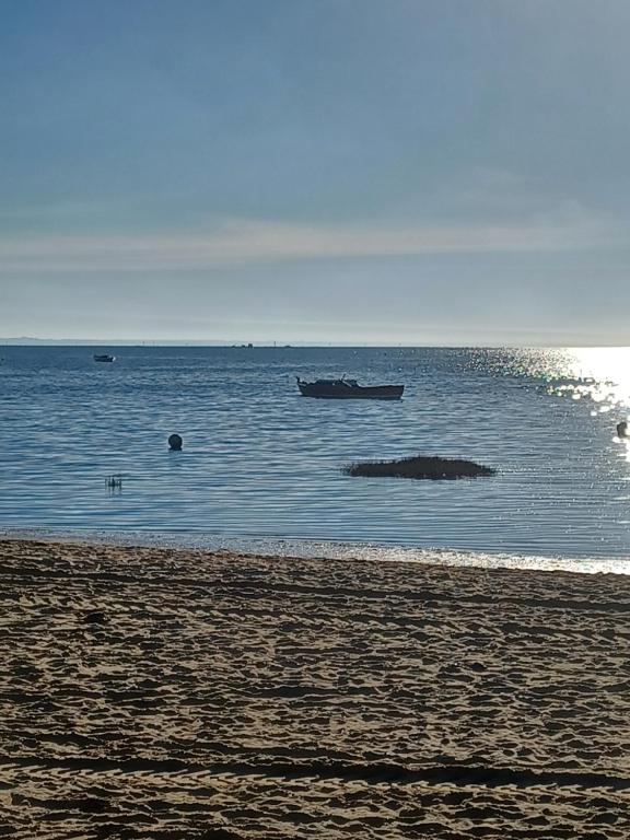 Camping Carabasse Vias plage. في فيا: قارب في الماء على شاطئ