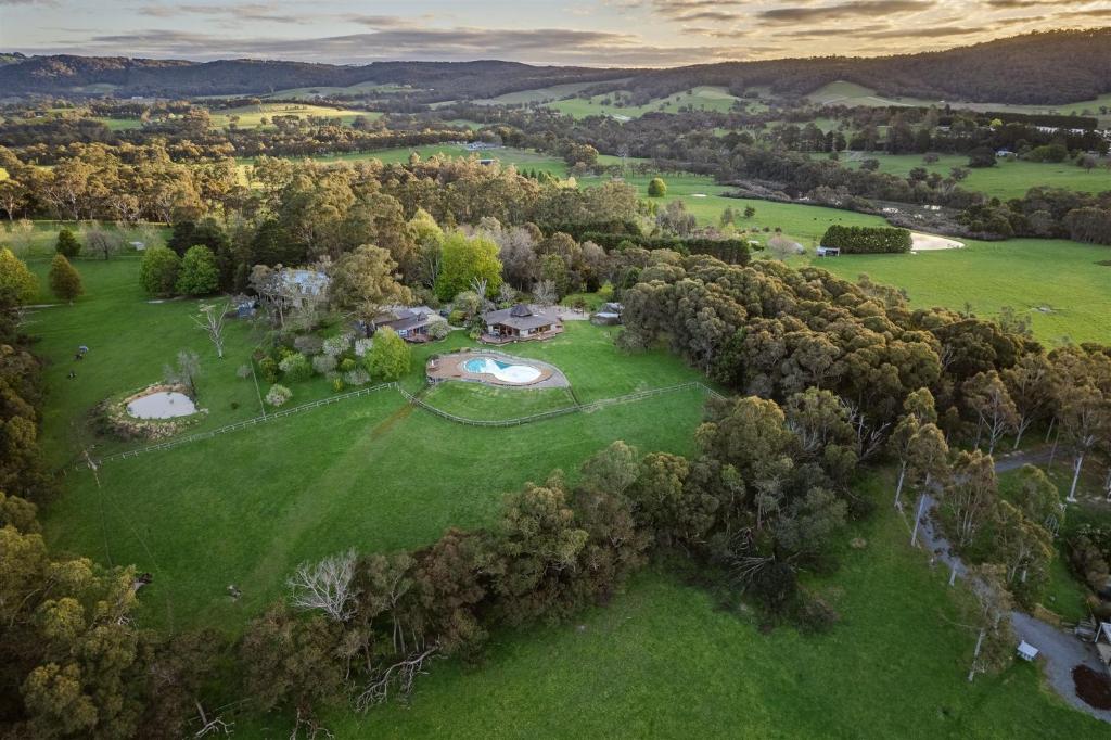an aerial view of a house in a field with trees at Kangaroo Manor in Yarra Junction