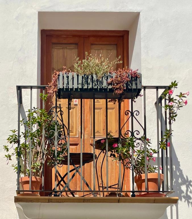 a balcony filled with potted plants and a window at Casa Elizabeth in Altea