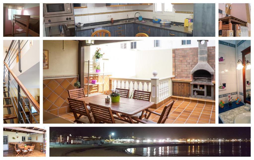un collage de fotos de una cocina y una casa en AMAZING DUPLEX 3 bedrooms GOOD WIFI with terrace & BBQ, en Corralejo
