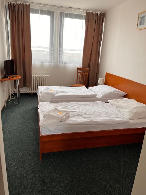 two twin beds in a room with a window at Hotel Labe in Litoměřice
