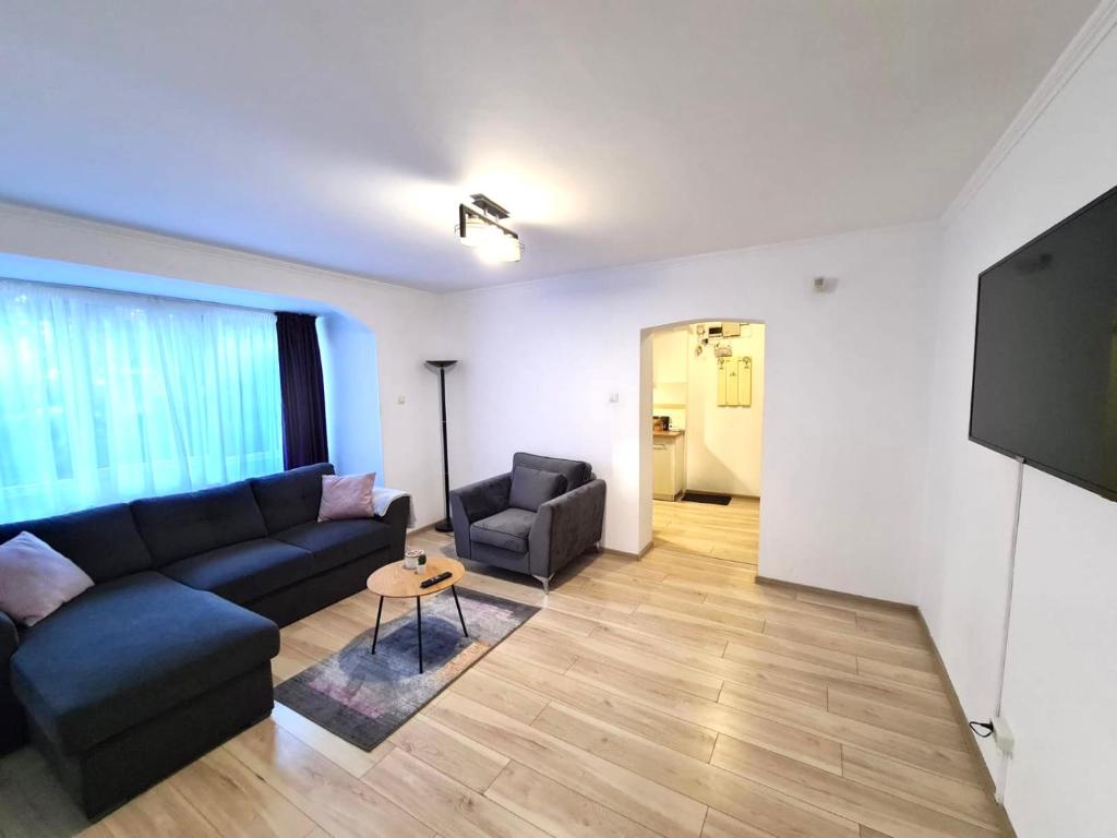a living room with a couch and a flat screen tv at Star Apartments in Baia Mare