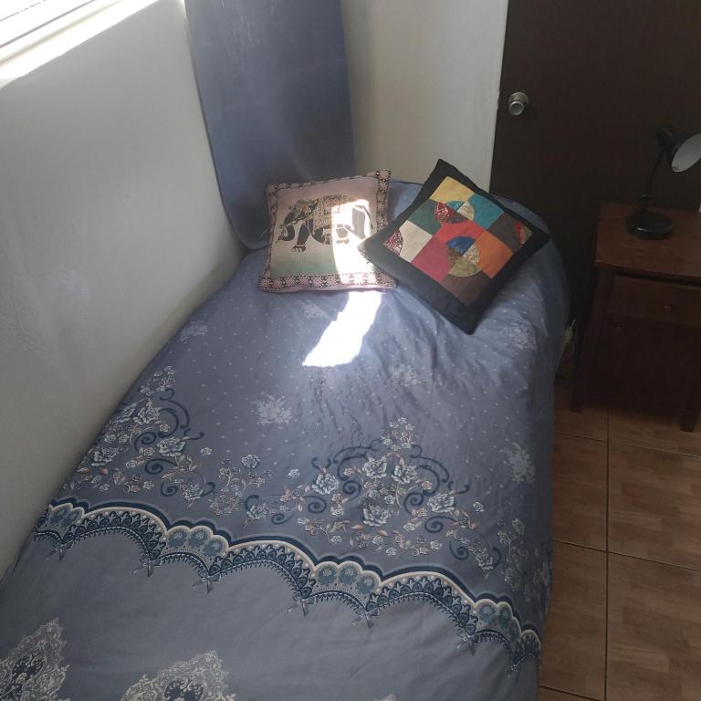 a bed with a blue comforter and a pillow at Katia in Santiago
