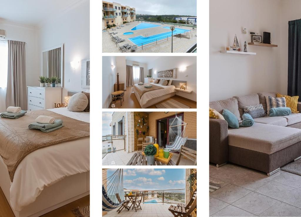 un collage de fotos de una sala de estar y un dormitorio en Ericeira Waves Apartment, en Ericeira