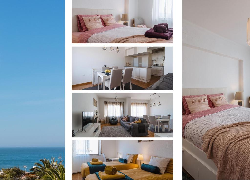 un collage di quattro foto di una camera da letto di Mar do Pisão - Apartamento 2 quartos e vista mar a Santa Cruz