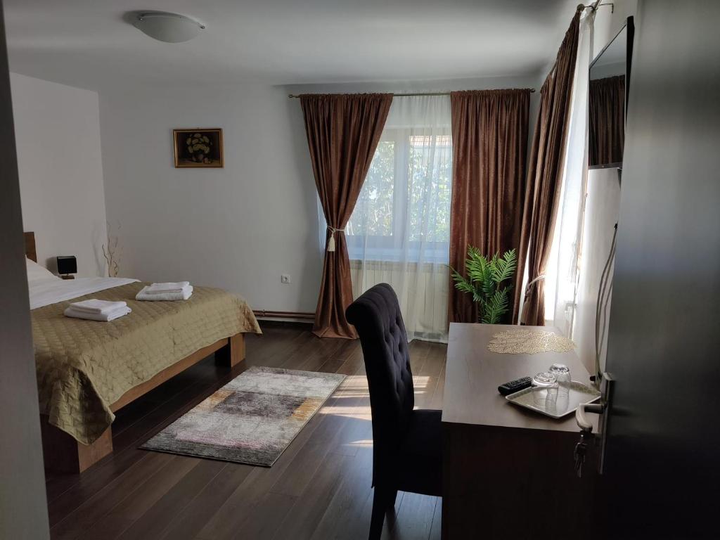 a room with a bed and a desk and a window at Casa Marina in Călimăneşti