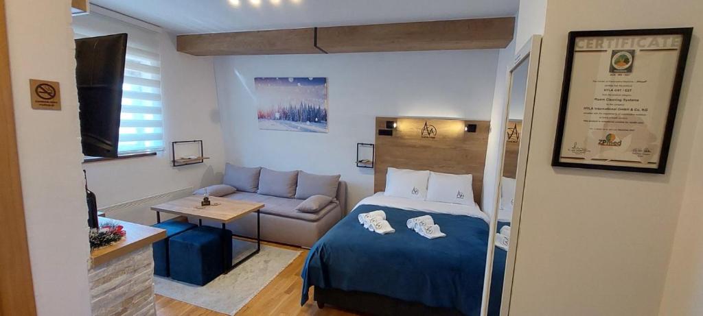 a small room with a bed and a couch at Apartmani MONTES Jahorina in Jahorina