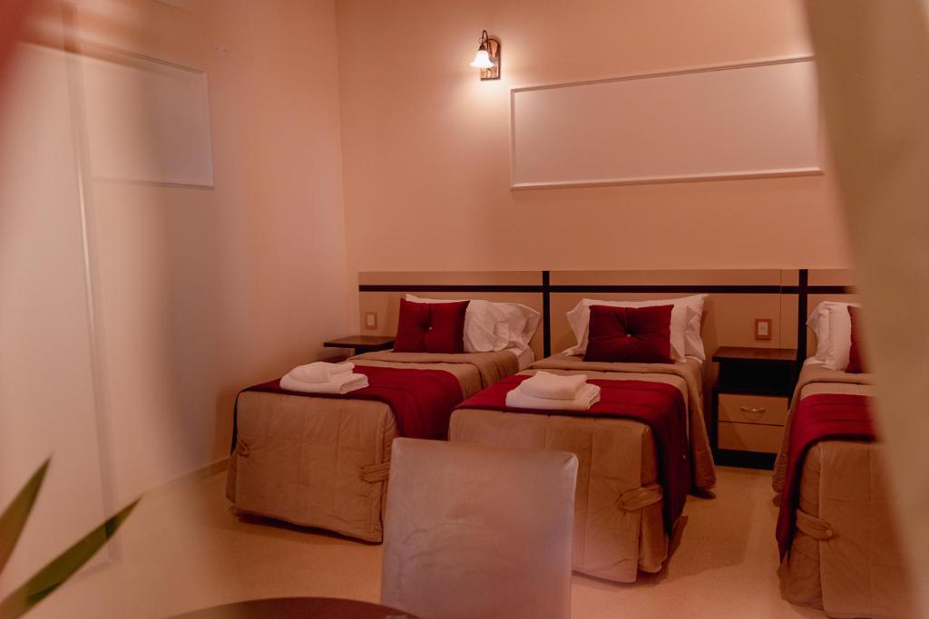 サン・ビセンテにあるHAUER HOTELの赤い枕のベッド2台が備わる客室です。
