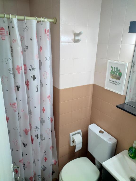 a bathroom with a toilet and a shower curtain at Luminoso monoambiente con cochera propia dentro del edificio in La Plata