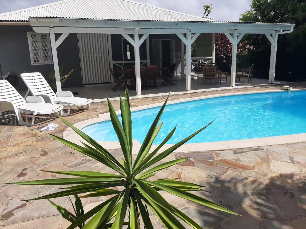 een zwembad met een tuinhuisje en een plant ernaast bij Villa Lunéa in Sainte-Luce
