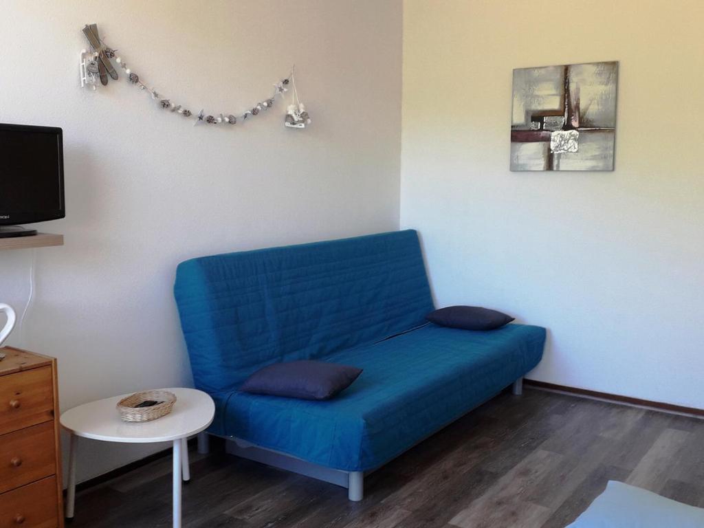 un sofá azul en la sala de estar con TV en Studio Villard-de-Lans, 1 pièce, 4 personnes - FR-1-689-92, en Villard-de-Lans