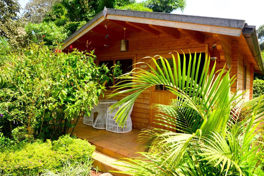 una pequeña casa de madera con plantas delante en Severine Cottages and Lounge Ltd en Nairobi