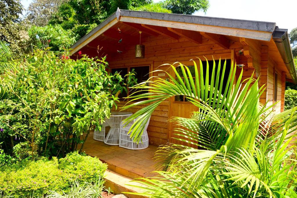 ein kleines Holzhaus mit Pflanzen davor in der Unterkunft Severine Cottages and Lounge Ltd in Nairobi