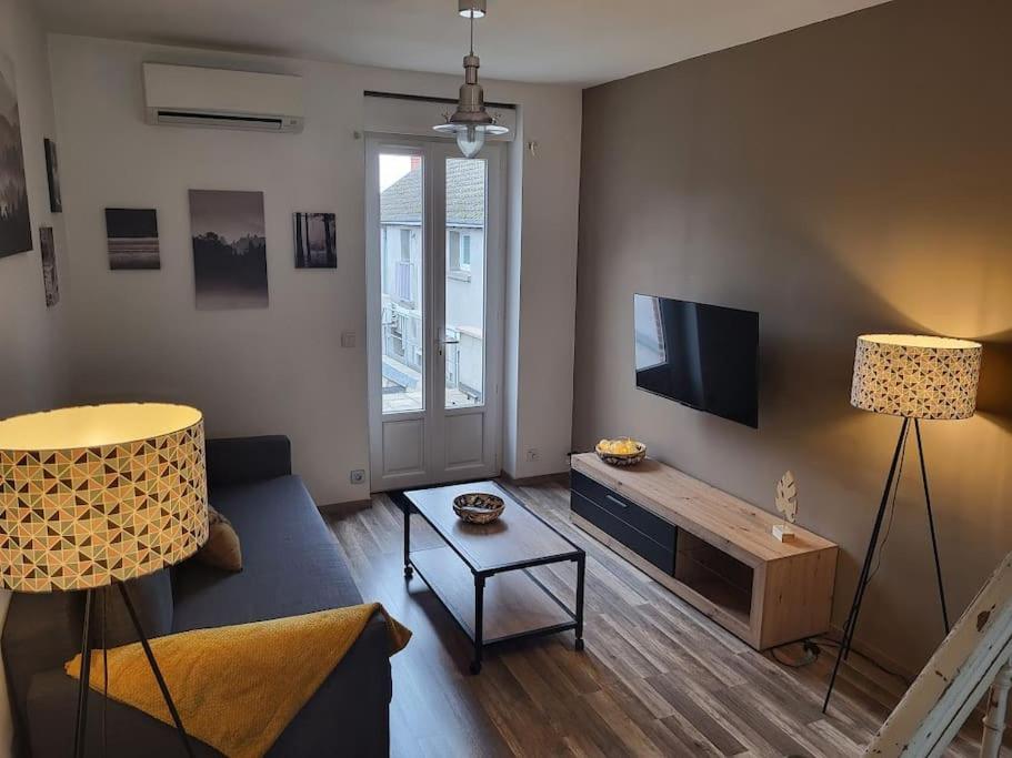 a living room with a couch and a tv at Très bel appartement cosy en hyper centre in Romorantin
