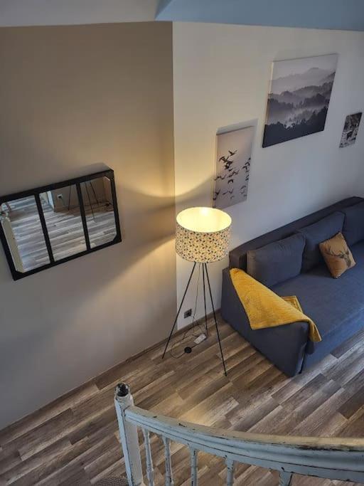 a living room with a blue couch and a lamp at Très bel appartement cosy en hyper centre in Romorantin