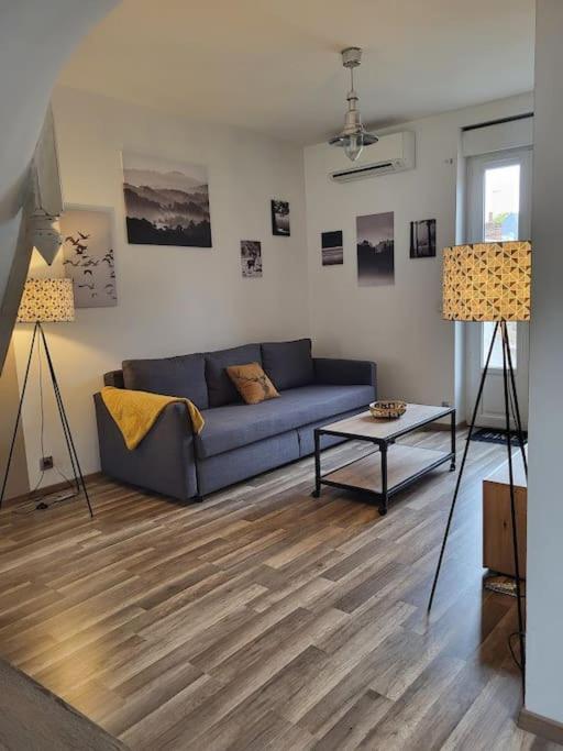 a living room with a blue couch and a table at Très bel appartement cosy en hyper centre in Romorantin