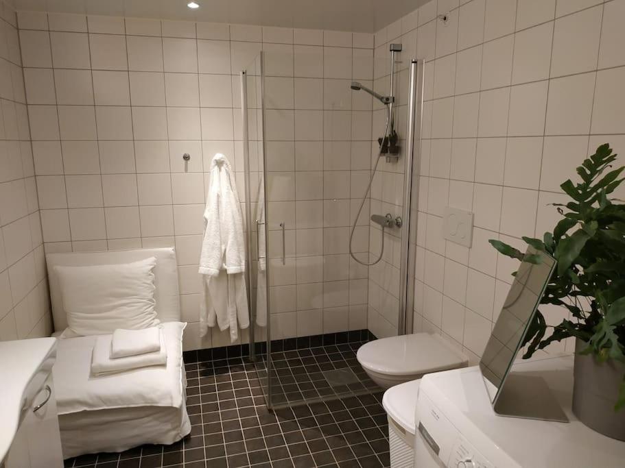 a bathroom with a shower and a toilet and a sink at Spacious Fornebu apartment near the sea in Fornebu