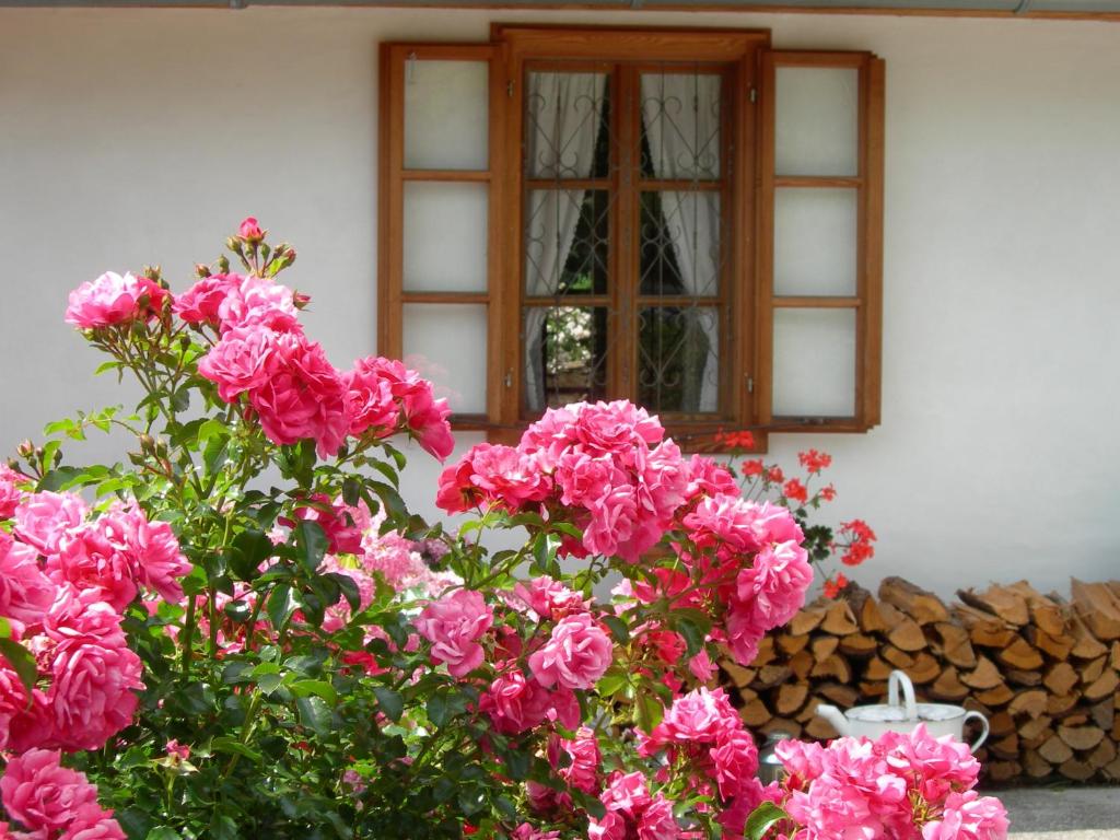 una ventana con flores rosas junto a un montón de troncos en Ferienhaus Moarhofstöckl Weiz en Weiz