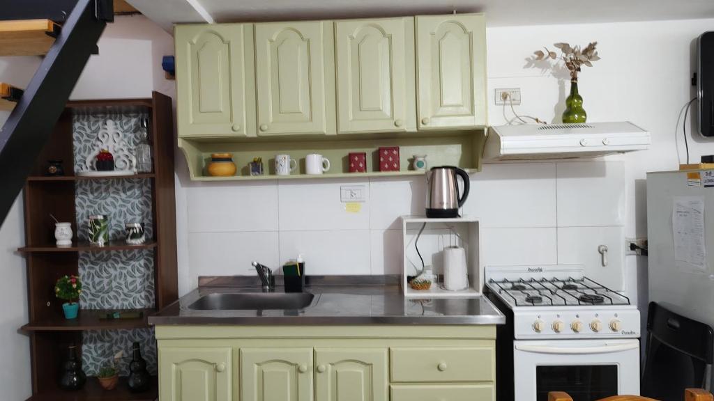eine Küche mit grünen Schränken, einer Spüle und einem Herd in der Unterkunft Departamento Stanza in Villa Mercedes