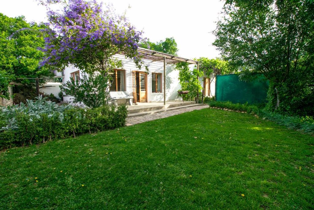 un patio con una casa con un arbusto púrpura en Garden Cottage, en Graaff-Reinet