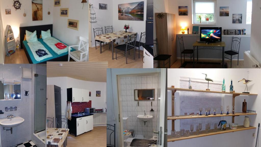 Trois photos d'une chambre et d'une salle de bains dans l'établissement FeWo am Schlosspark Putbus, à Putbus
