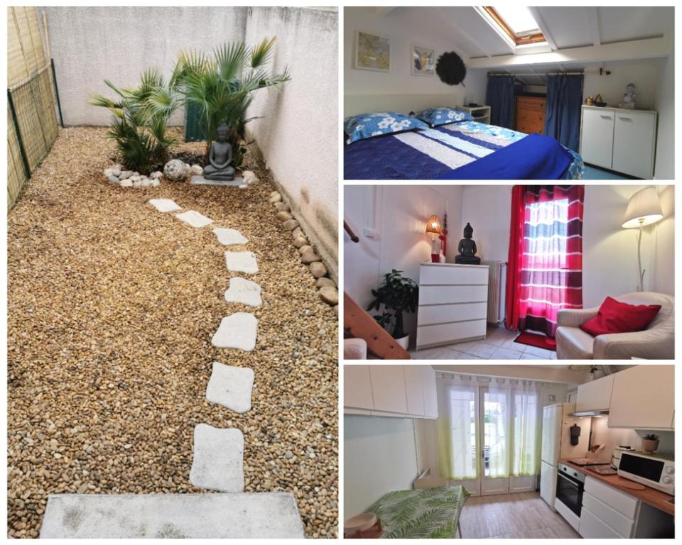 un collage de fotos de un dormitorio y una habitación en Coquet studio meublé avec jardin, en Mauguio