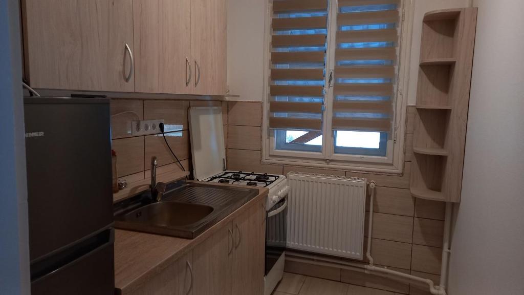 a kitchen with a sink and a stove and a window at Bükkfői vendégház in Borzont