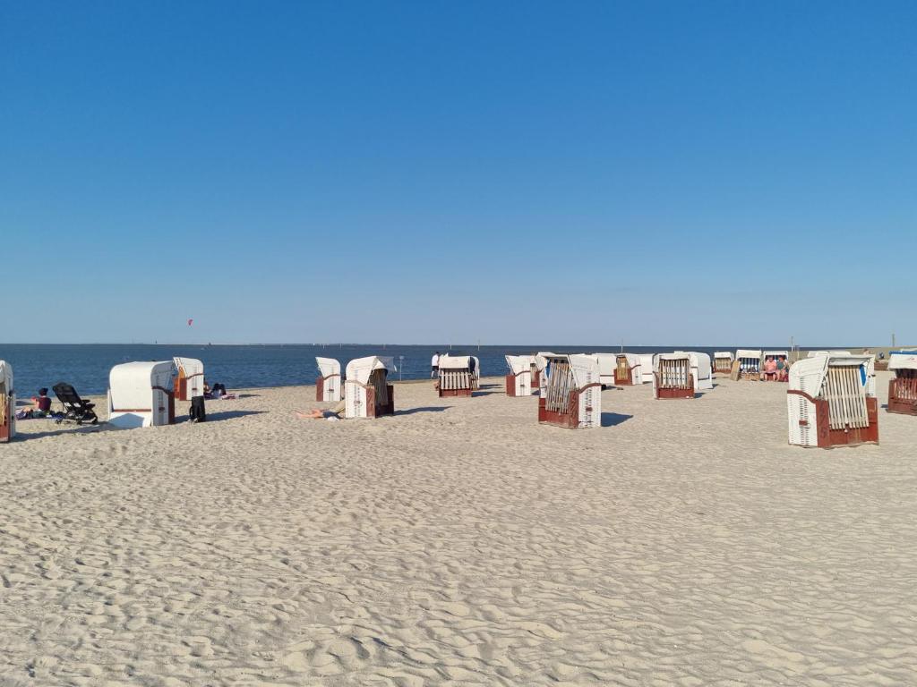 a beach with many beach chairs and the ocean at Nordseeblick 1 - XXL Ferienwohnung in Carolinensiel