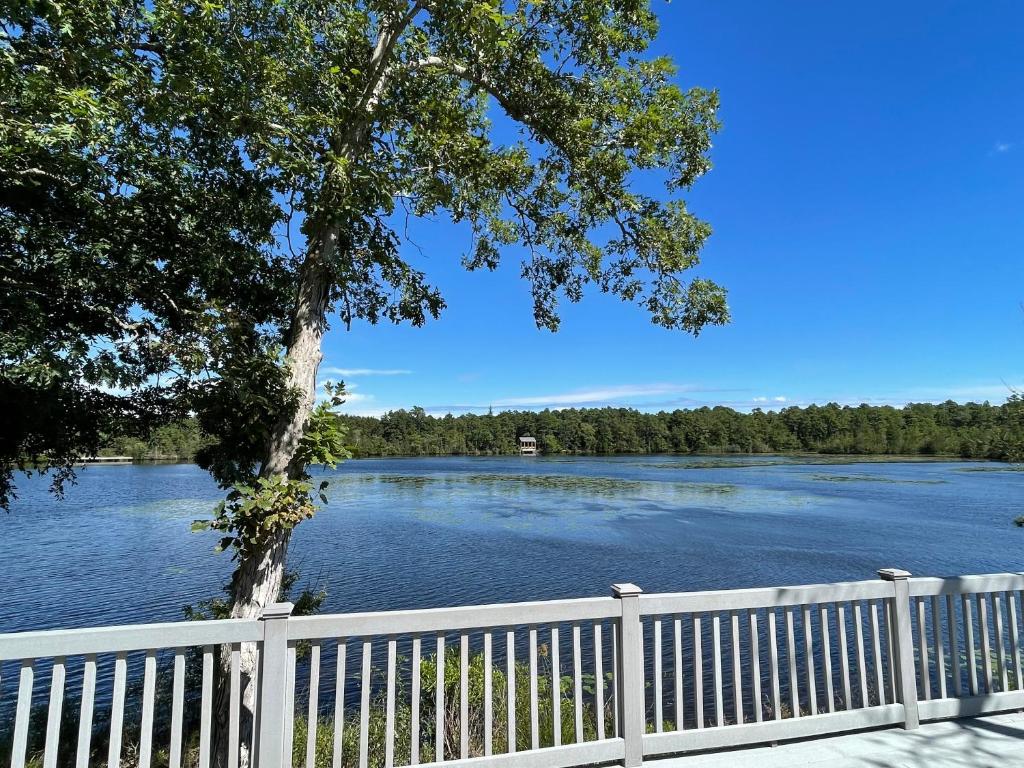 una cerca blanca junto a un lago con un árbol en Swan Lake Resort en Galloway