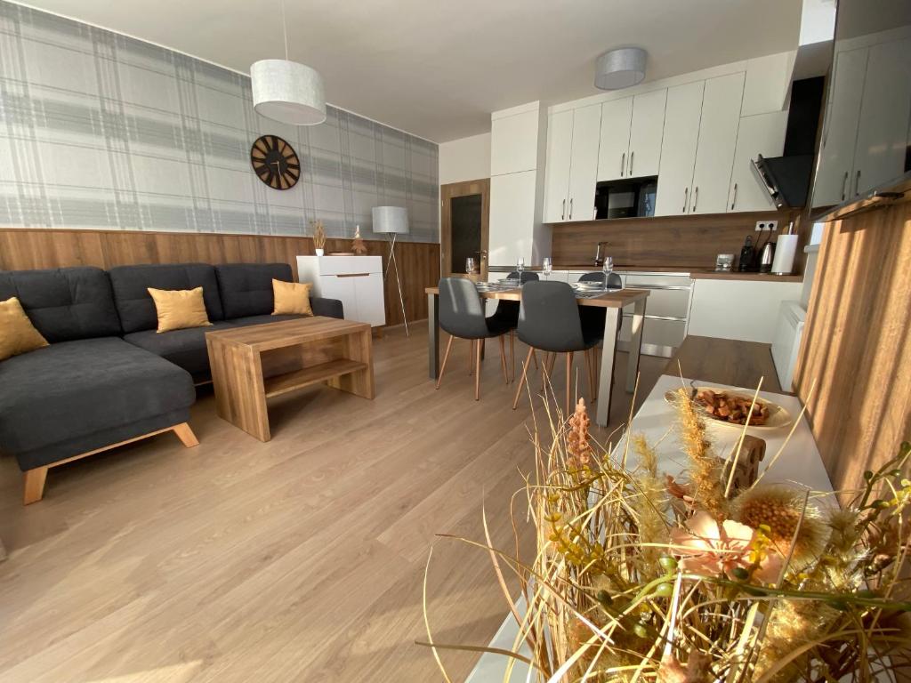 sala de estar y cocina con sofá y mesa en Apartment Petra Klinovec, en Loucná pod Klínovcem