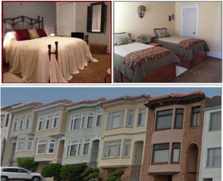 - deux photos d'une chambre avec un lit et d'un bâtiment dans l'établissement Beautiful Edwardian Victorian Homestay B&B, à San Francisco